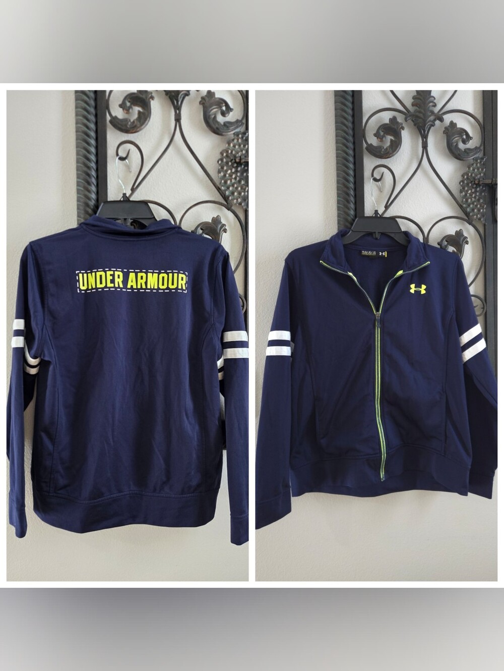 Under Armour Navy Boys Full-Zip Performance Jacket with White Sleeve Stripes